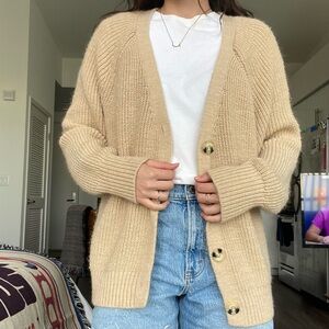 Beige Cozy Knit Button-Up Over-Sized Cardigan Sweater - Women